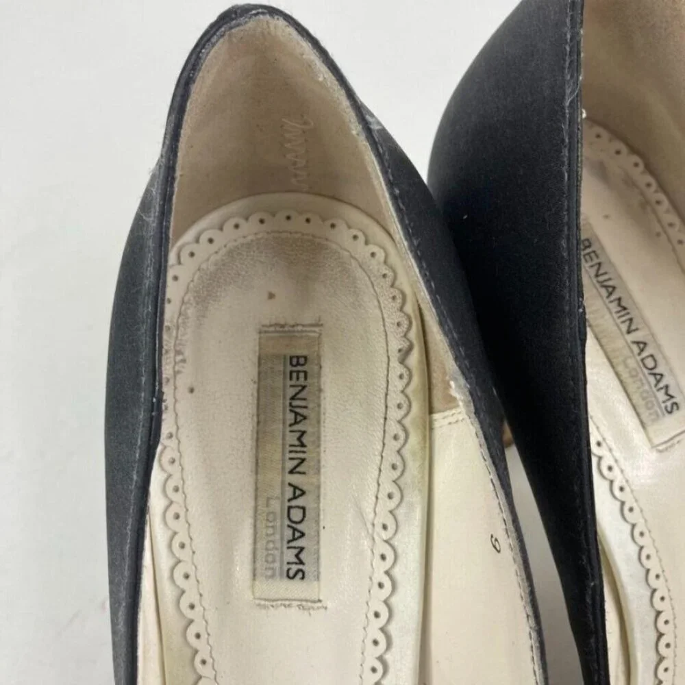 Benjamin Adams‎ Womens Peep Toe Pump Shoes Sz 9 Black Satin Rhinestone 3.5